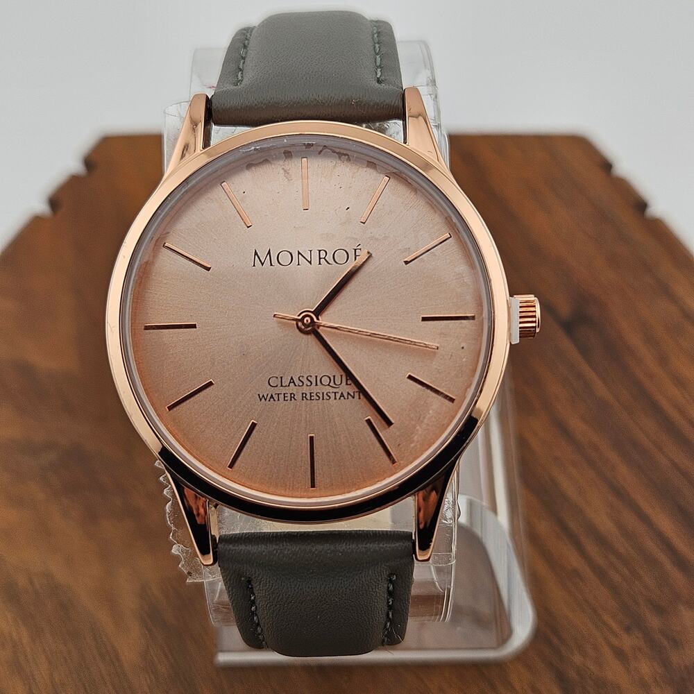 Monroe Women's Watch Rose Gold Minimalist Dial Green Gray Leather Band Simple